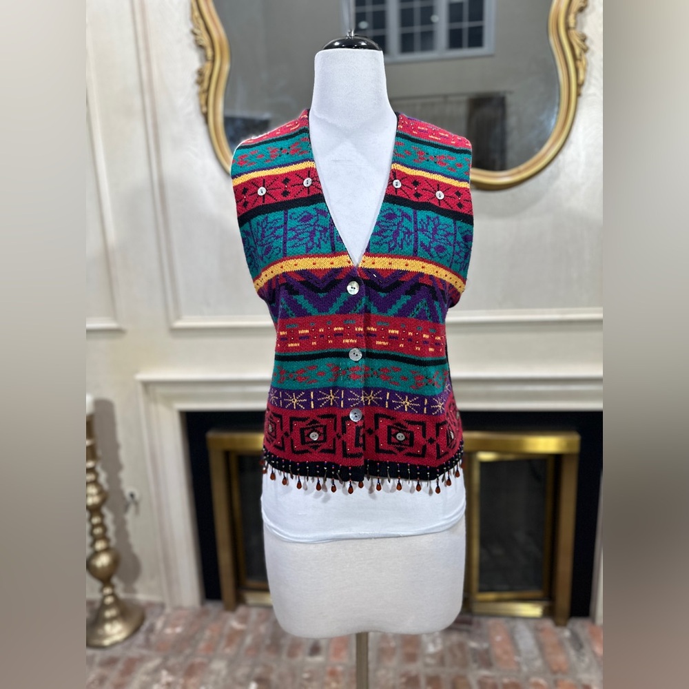 Vintage Carole‎ Little Beaded Sweater Vest Medium Boho Knit Tank